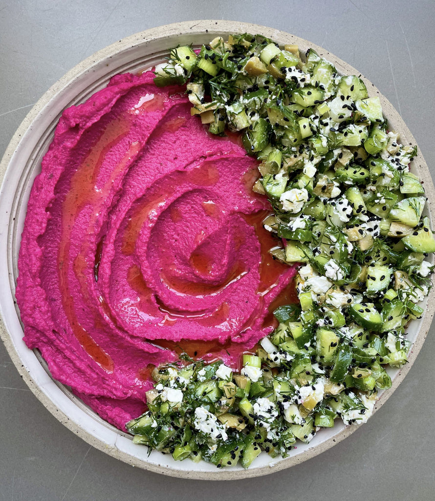 Beetroot Hummus With Cucumber Topping